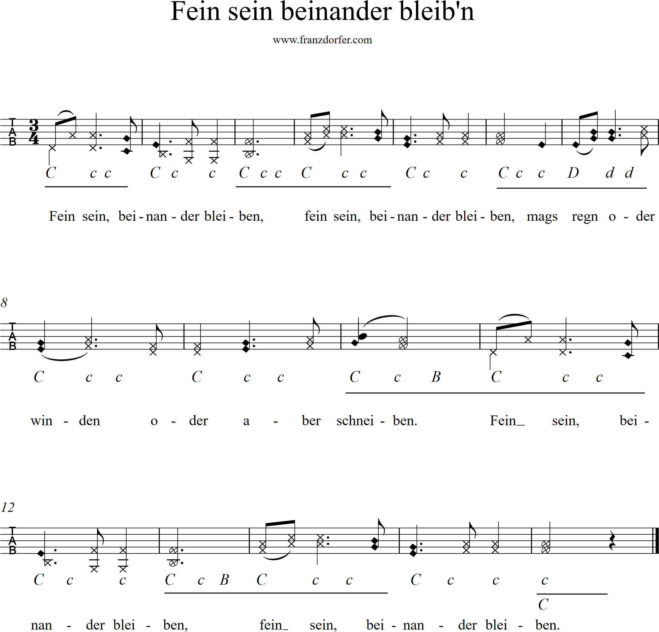 ziachnboten, Griffschrift für steirische -fein sein Fein sein beinander bleiben, Griffschrift auf der 3.Reihe